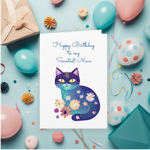 Folk Art Style Cat and Flowers Niece's Birthday Card