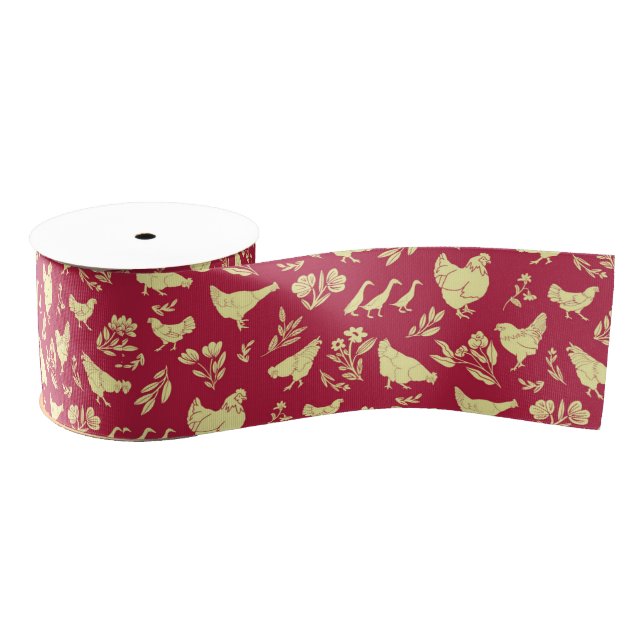 Folk Art Style Chickens, Ducks & Flowers Grosgrain Ribbon (Spool)