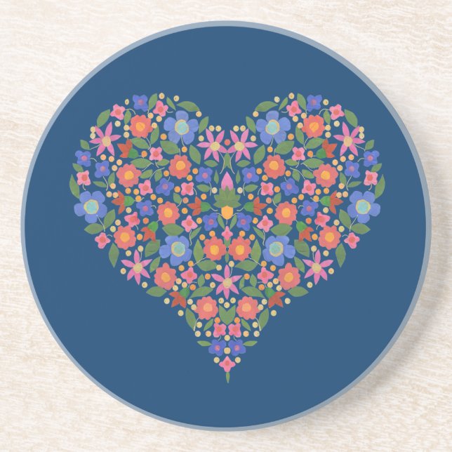 Folk Art Style Floral Heart Blue Sandstone Coaster (Front)
