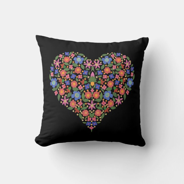 Folk Art Style Floral Heart on Black Pillow (Front)