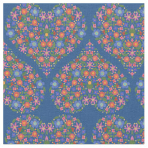Folk Art Style Floral Heart on Blue Custom Fabric