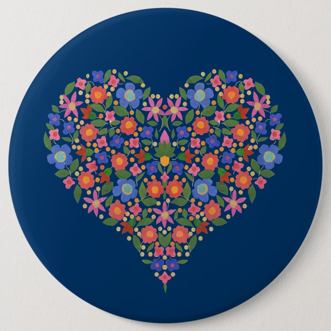 Folk Art Style Floral Heart on Blue Round Button (Front)