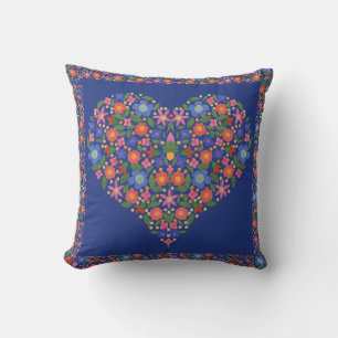 Folk Art Style Floral Heart on Royal Blue Pillow