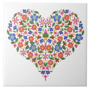 Folk Art Style Floral Heart White Ceramic Tile
