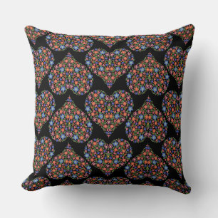 Folk Art Style Floral Hearts on Black Pillow