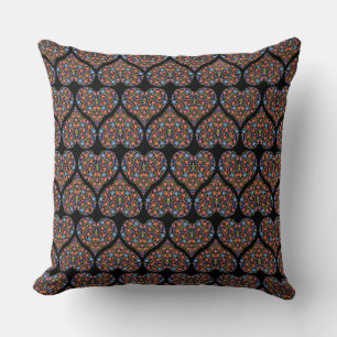 Folk Art Style Floral Hearts on Black Pillow