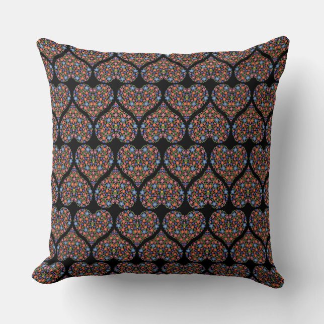 Folk Art Style Floral Hearts on Black Pillow (Front)