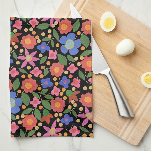 Folk Art Style Floral on Black Kitchen Towel (Quarter Fold)
