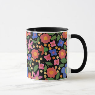 Folk Art Style Floral on Black Ringer Coffee Mug