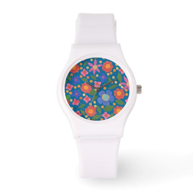 Folk Art Style Floral on Blue Sporty Wristwatch (Front)