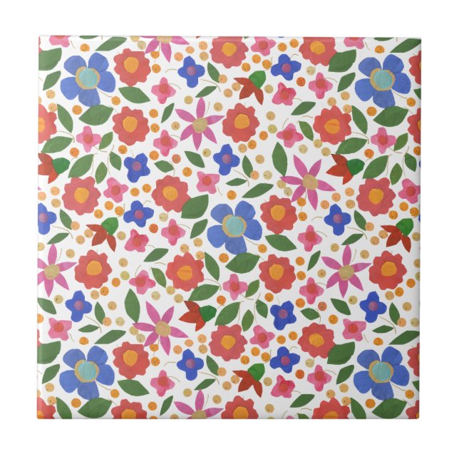 Folk Art Style Floral on White Ceramic Tile (Front)