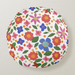 Folk Art Style Floral on White Round Throw Pillow
