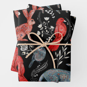 Folk-art style floral  pattern designs wrapping paper sheet