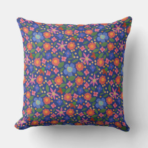 Folk Art Style Floral Pattern on Royal Blue Cushion