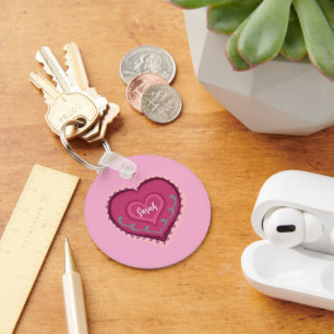 Folk Art style pink heart decorated Ornament Key Ring