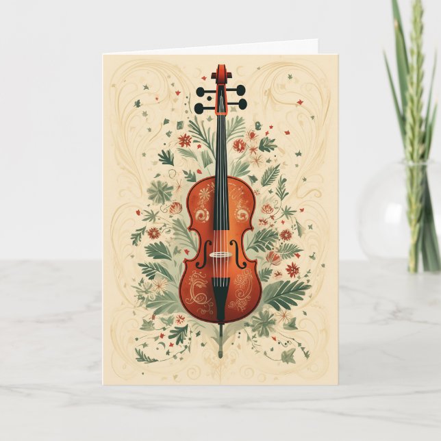 Folk Art Style Scandi Christmas Greenery Cello Holiday Card (Front)