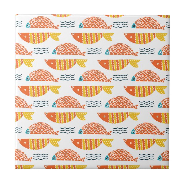 Folk Art Swimming Fish Pattern Ceramic Tile (Front)