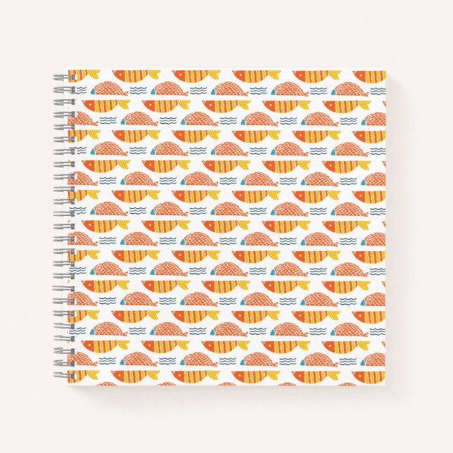 Folk Art Swimming Fish Pattern Notebook (Front)