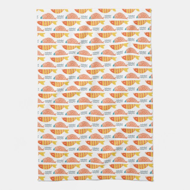Folk Art Swimming Fish Pattern Tea Towel (Vertical)