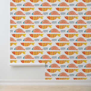 Folk Art Swimming Fish Pattern Wallpaper
