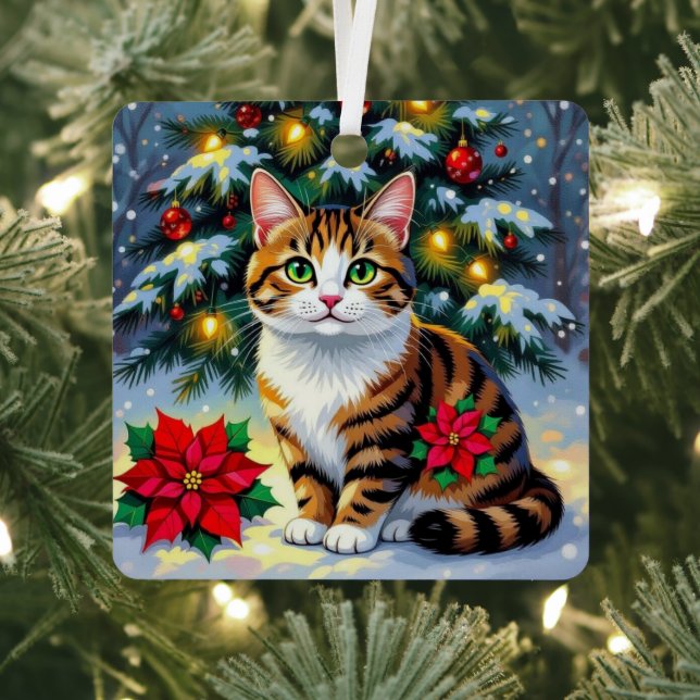 Folk Art Tabby Cat and Custom Message Christmas Metal Tree Decoration (Insitu)