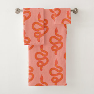 Folk Art Textured Grungy Witchy Snake orange pink Bath Towel Set