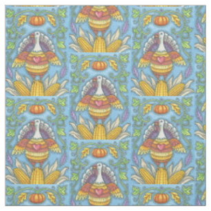 FOLK ART THANKSGIVING BIRD, TURKEY FABRIC Repeat
