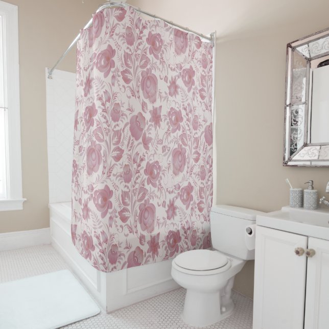 Folk Art Tole Paint Almost Mauve Roses Shower Curtain (In Situ)