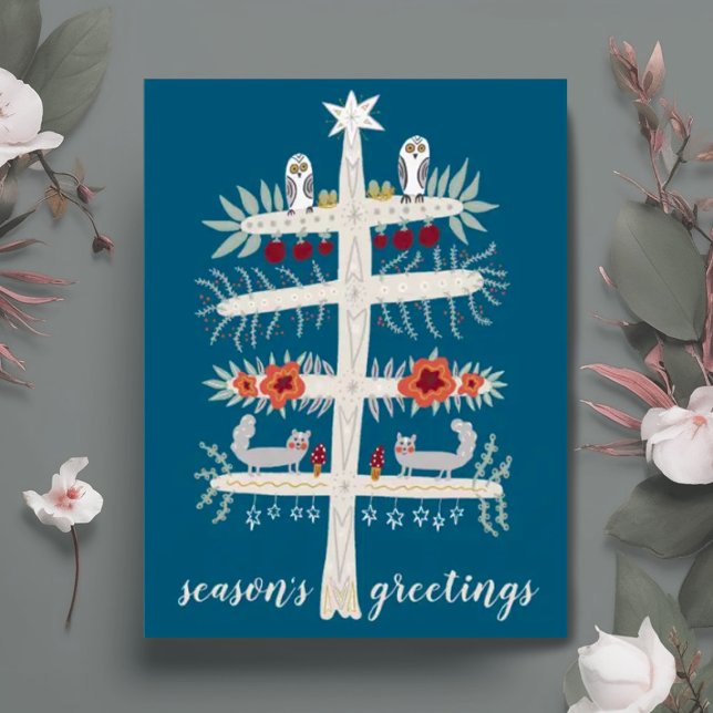 Folk Art Tree of Life Christmas Holiday CUSTOM Postcard (Hand drawn charming tree of life holiday postcard with cute animals. Customize the text too)