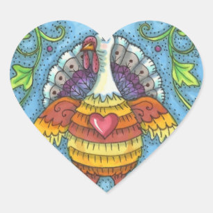 FOLK ART TURKEY, COLORS OF THANKSGIVING SEASONAL HEART STICKER