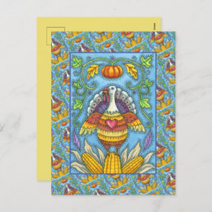 FOLK ART TURKEY, COLORS OF THANKSGIVING SEASONAL HOLIDAY POSTCARD
