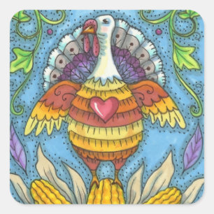 FOLK ART TURKEY, COLORS OF THANKSGIVING SEASONAL SQUARE STICKER