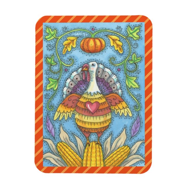FOLK ART TURKEY & CORN THANKSGIVING MAGNET Holiday (Vertical)
