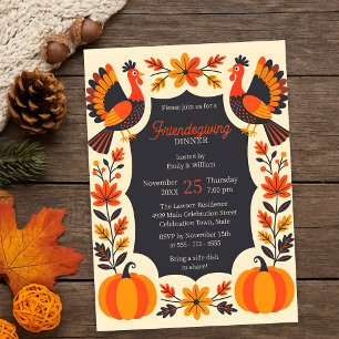 Folk Art Turkey Pumpkin Friendsgiving Dinner Party Invitation