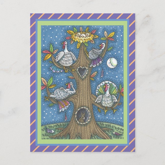 FOLK ART TURKEY TREE, THANKSGIVING GOBBLER HUMOR POSTCARD (Front)