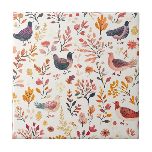 Folk Art Turkeys – Nature Inspired Autumn 2 Ceramic Tile (Front)