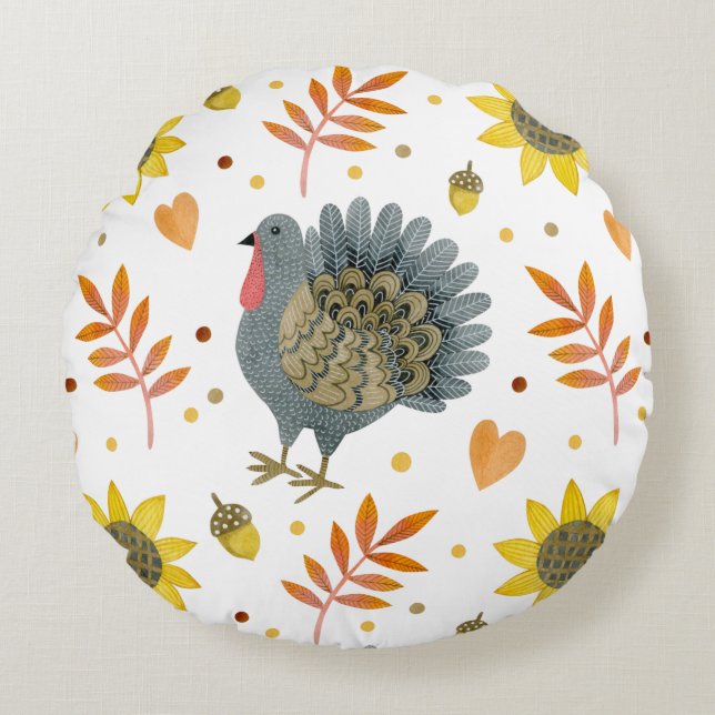 Folk Art Turkeys Round Cushion (Front)