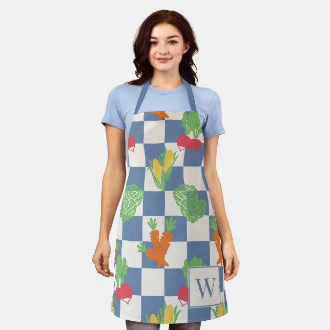 Folk Art Vegetable Check  Apron (Worn)