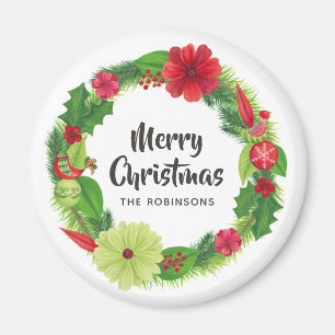 Folk Art Watercolor Floral Christmas Magnet