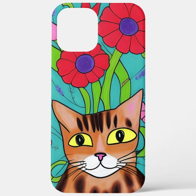 Folk Art Whimsical Cat and Flowers Case-Mate iPhone Case (Back)
