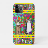 Folk Art Whimsical Style Cat and Flowers