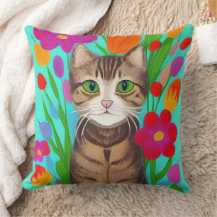 Folk Art Whimsical Style Cat and Flowers Cushion