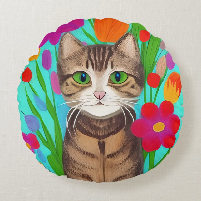 Folk Art Whimsical Style Cat and Flowers Round Cushion (Front)