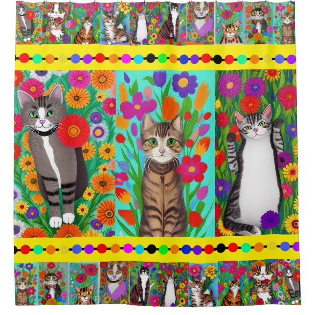 Folk Art Whimsical Style Cat and Flowers Shower Curtain (Front)