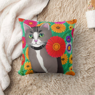 Folk Art Whimsical Style Kitty Cat and Flowers Cushion
