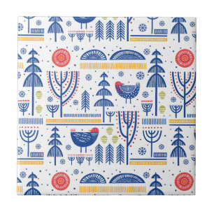 Folk Art Winter Bird Pattern Ceramic Tile