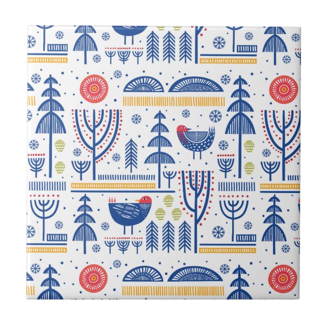 Folk Art Winter Bird Pattern Ceramic Tile (Front)