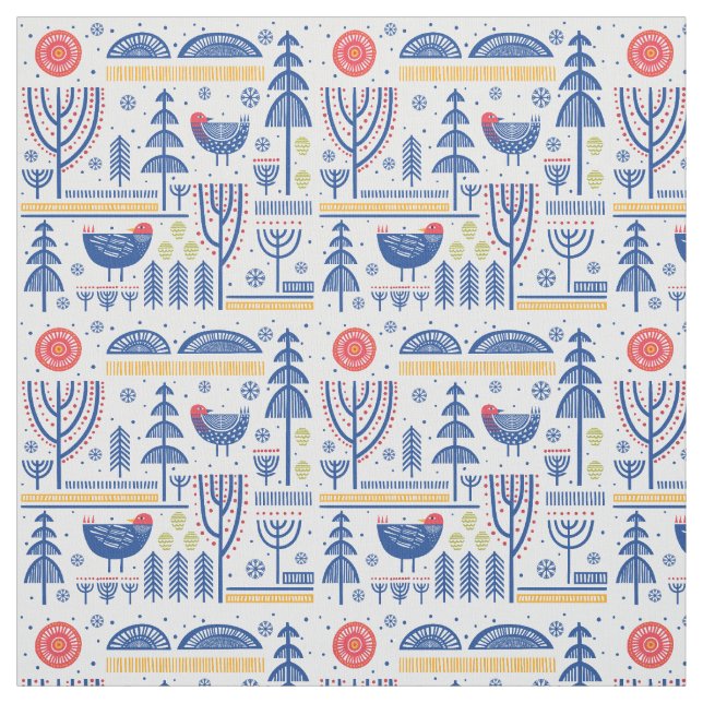 Folk Art Winter Bird Pattern Fabric (Swatch)