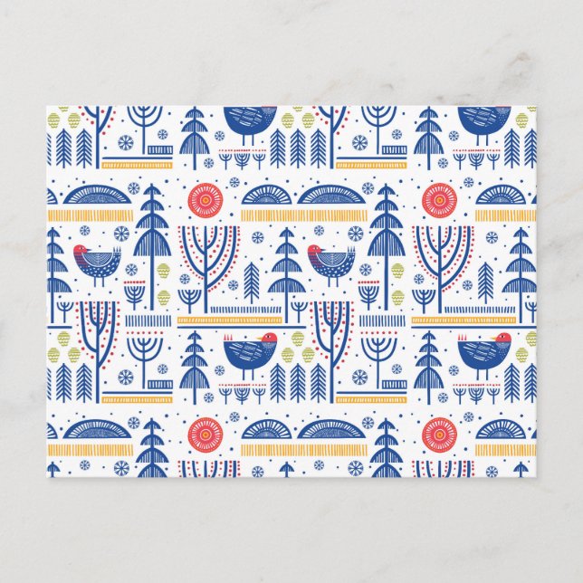 Folk Art Winter Bird Pattern Holiday Postcard (Front)