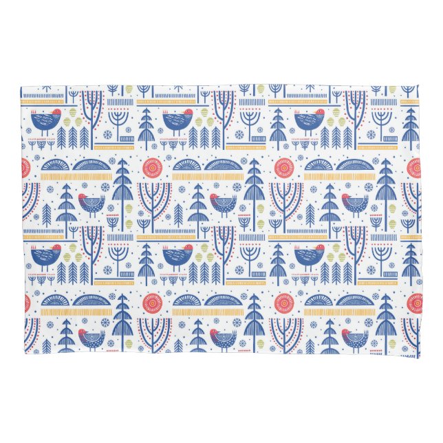 Folk Art Winter Bird Pattern Pillowcase (Front-Left)
